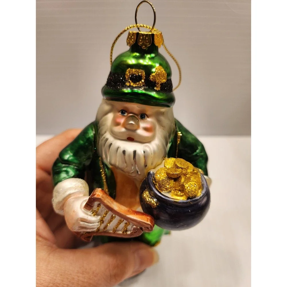 Blown Glass Santa Leprechaun Ornament 6in Glitter Accent, Pot Of Gold Harp,shiny